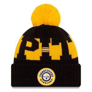 New Era Pittsburgh Steelers 2020 NFL Sideline Official Sport Pom Cuffed Knit Hat