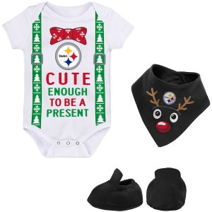 Pittsburgh Steelers Infant White/Black My Little Present Bodysuit, Bib & Booties Set