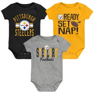Pittsburgh Steelers Newborn & Infant Gray Ready, Set, Nap Three-Pack Bodysuit Set